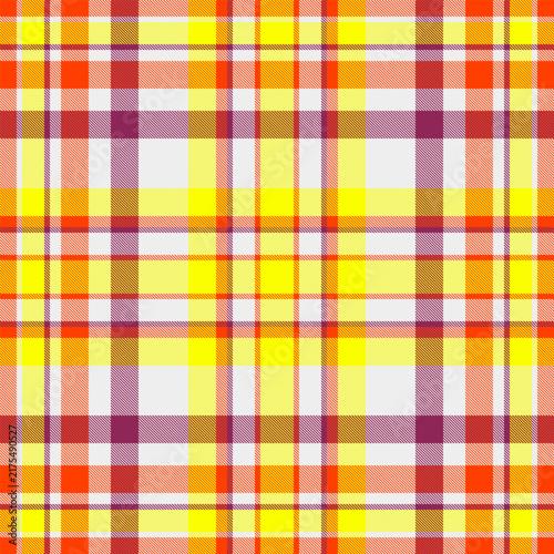A vibrant plaid pattern featuring yellow, red, and orange crosshatching, evoking feelings of summer warmth. This digital textile texture contains no people and is ideal for fashion design.