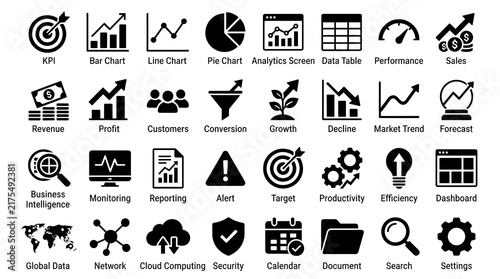 Black icons representing business metrics and financial data analytics fill the graphic arrangement.