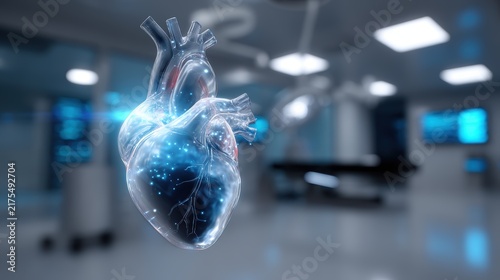 Transparent glowing human heart model in modern medical laboratory