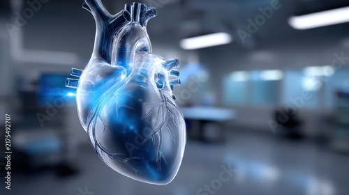 Transparent human heart anatomical model in blue laboratory