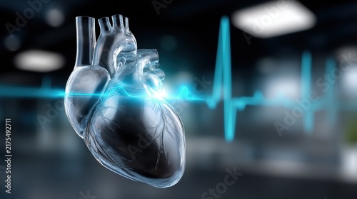 Transparent human heart anatomical model with EKG monitor line