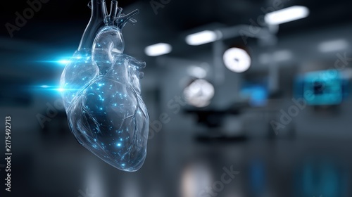 Transparent human heart anatomy in modern futuristic operating room