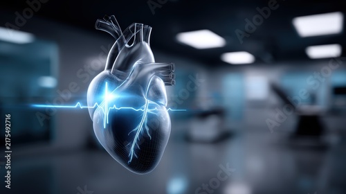 Transparent human heart anatomy model with glowing ECG heartbeat pulse