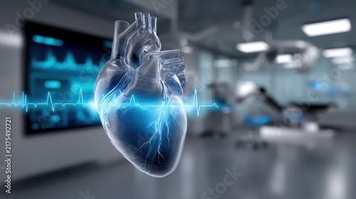Transparent human heart anatomy with glowing EKG monitor line