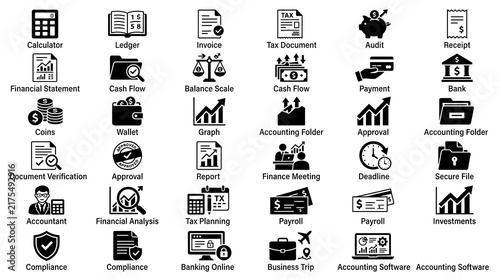 Financial symbols and accounting icons illustrate corporate monetary transactions and auditing tools.