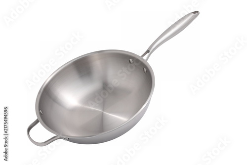 Shiny stainless steel wok with a long handle and helper handle for easy cooking