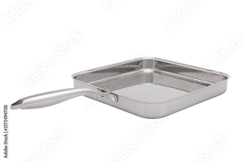 Shiny stainless steel square frying pan with a long handle on a white background