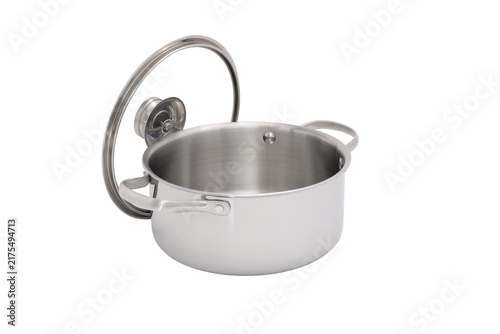 Shiny stainless steel cooking pot with lid and handles on a white background