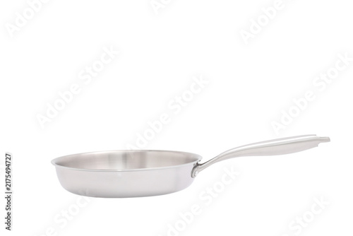 Modern stainless steel frying pan with a sleek ergonomic handle on a white background