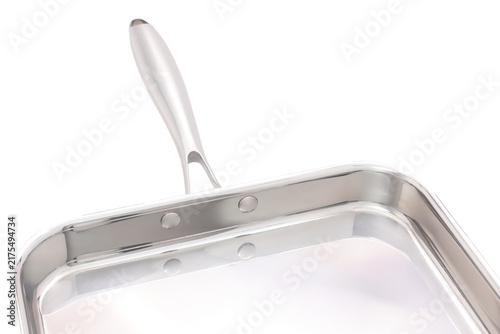 Shiny stainless steel square frying pan with a long handle on a white background