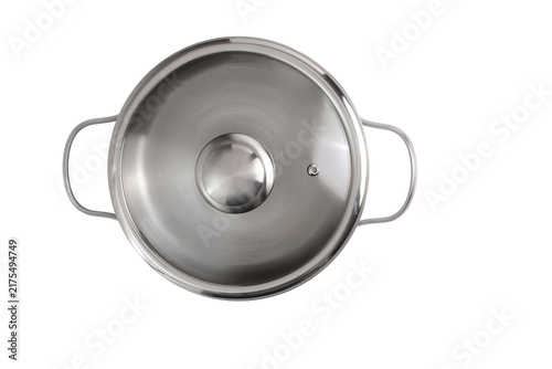 Shiny stainless steel cooking pot with lid and handles on a white background