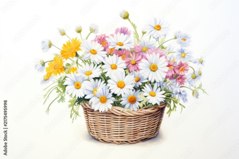 Obraz premium Wicker basket full of daisy flowers plant white background inflorescence.