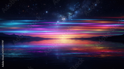Futuristic Colorful Horizon and Reflective Landscape with Light Trails ,Ai Generated