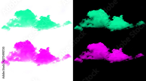 Vibrant neon cloud silhouettes in cyan and magenta, stylized atmospheric vapor elements, colorful smoke clouds on black and white backgrounds
