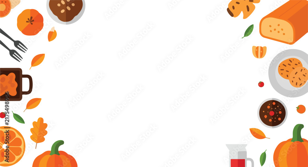 Fototapeta premium Flat vector illustration frame featuring delicious autumn food, pumpkins, orange leaves, and treats on white background.