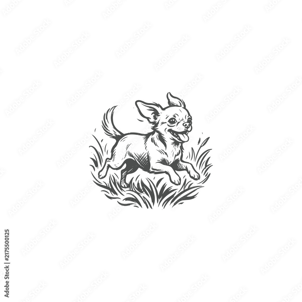 Fototapeta premium Chihuahua Dog Running in Grass Woodcut Illustration
