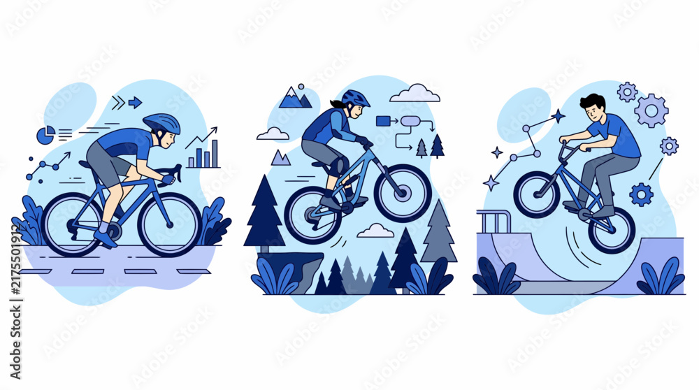 Fototapeta premium Set of flat vector illustrations showcasing professional people riding road bikes mountain bicycles and performing stunt BMX tricks