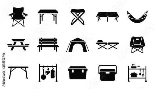 A collection of camping furniture icons created by a professional vector illustrator for outdoor recreation and travel design
