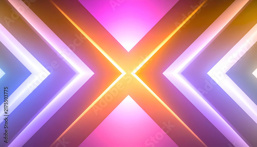 Symmetrical abstract composition of intersecting lines in a gradient of colors from blue to yellow and pink