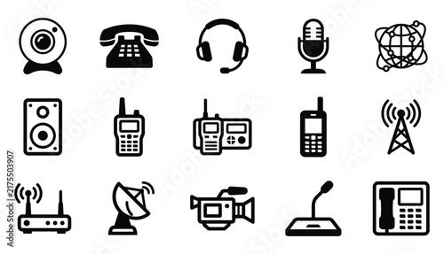 A collection of communication technology icons created by a professional vector illustrator for modern digital interface design projects