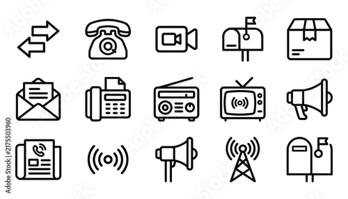 A collection of communication and media icons created by a professional vector illustrator for modern digital design projects
