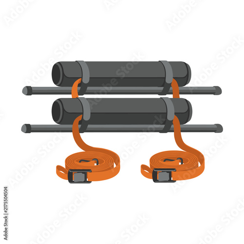Two black cylindrical storage tanks secured with orange straps and metal fasteners against a neutral background for industrial safety equipment display.