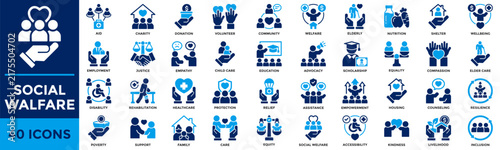 Social Welfare solid icon set. Contains icons for charity, assistance, community, support, elderly, poverty, healthcare, education, welfare, relief and family.	