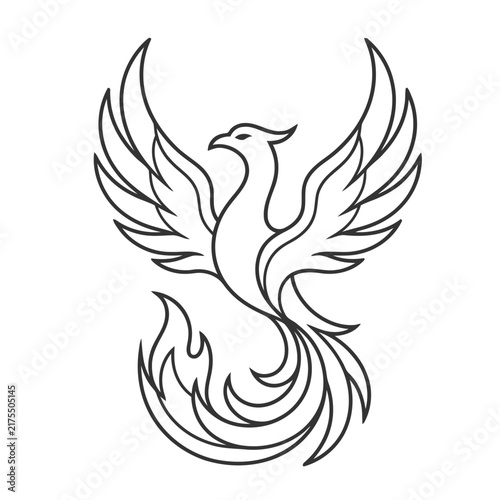 Phoenix bird with flames line art