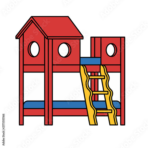 Red Bunk Bed with Yellow Ladder and Blue Mattresses