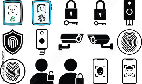 A collection of black security icons depicts facial recognition fingerprint scans locks and surveillance cameras authentication biometric digitalsecurity facerecognition