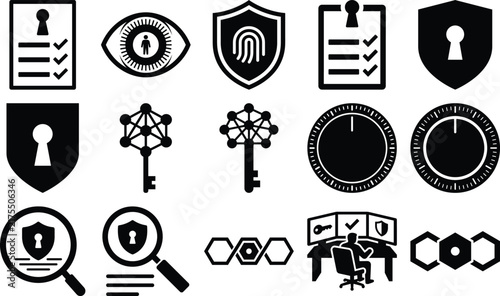 A collection of black flat icons representing security authentication and access control concepts on a white background biometric checklist