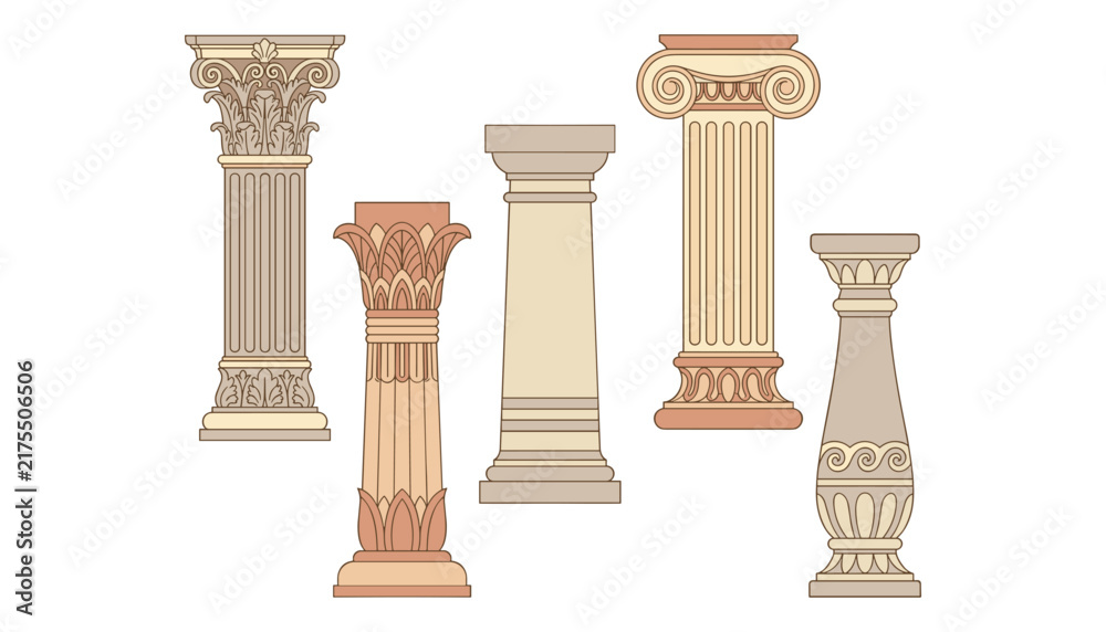 Obraz premium Ancient greek and roman columns vector architectural set with corinthian ionic doric and antique pillars