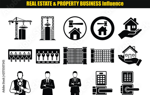 A collection of black flat icons represents real estate property management and legal aspects of housing realestate architecture broker