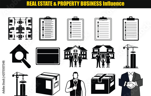 A collection of flat vector icons representing real estate property and business transactions on a white background realestate transaction