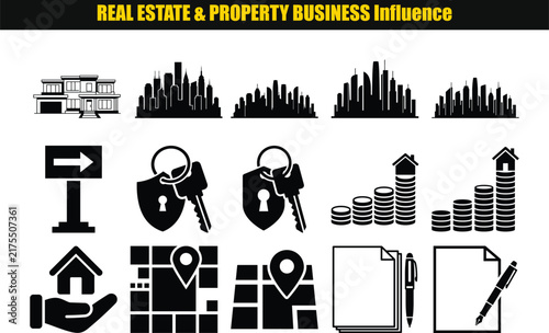 A collection of black silhouette icons represents real estate security and financial growth concepts realestate property housing architecture buildings