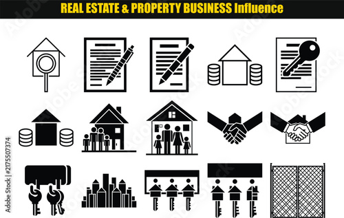 A collection of black flat icons representing real estate contracts and property management concepts housing architecture contract agreement lease