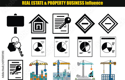 A collection of flat real estate icons depicts housing finance and construction concepts on a white background architecture building