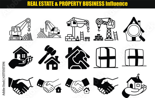 Real estate and property business silhouettes depict construction machinery house plans and handshakes on a white background architecture building