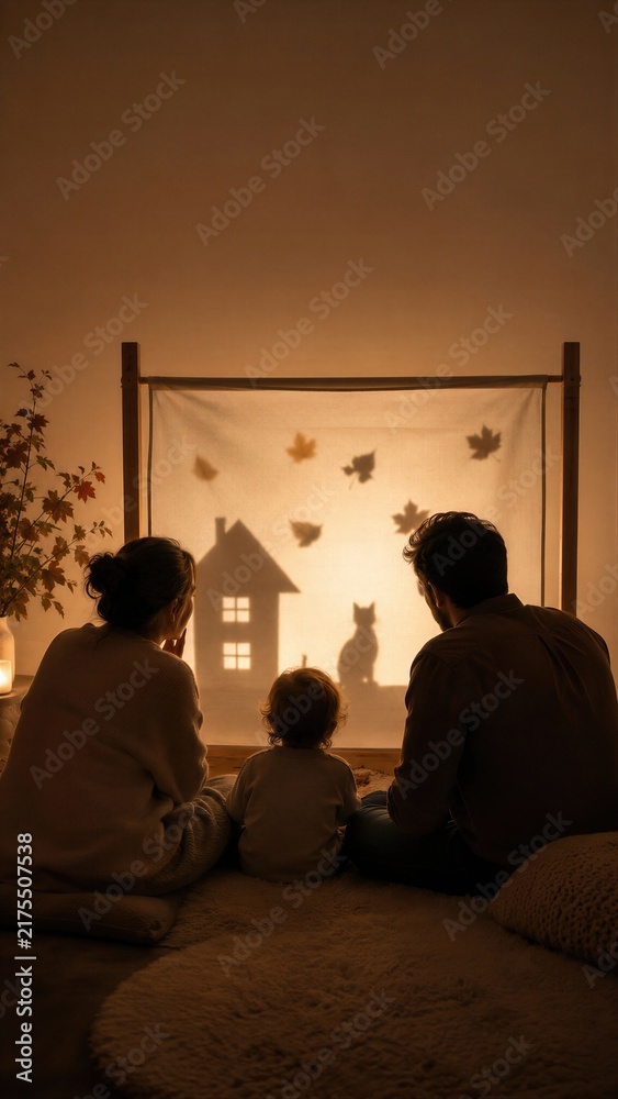 Obraz premium Family with child watching shadow theater at home. Mother father and kid viewing shadow puppet show with autumn leaves and house silhouette. Cozy fall evening leisure together