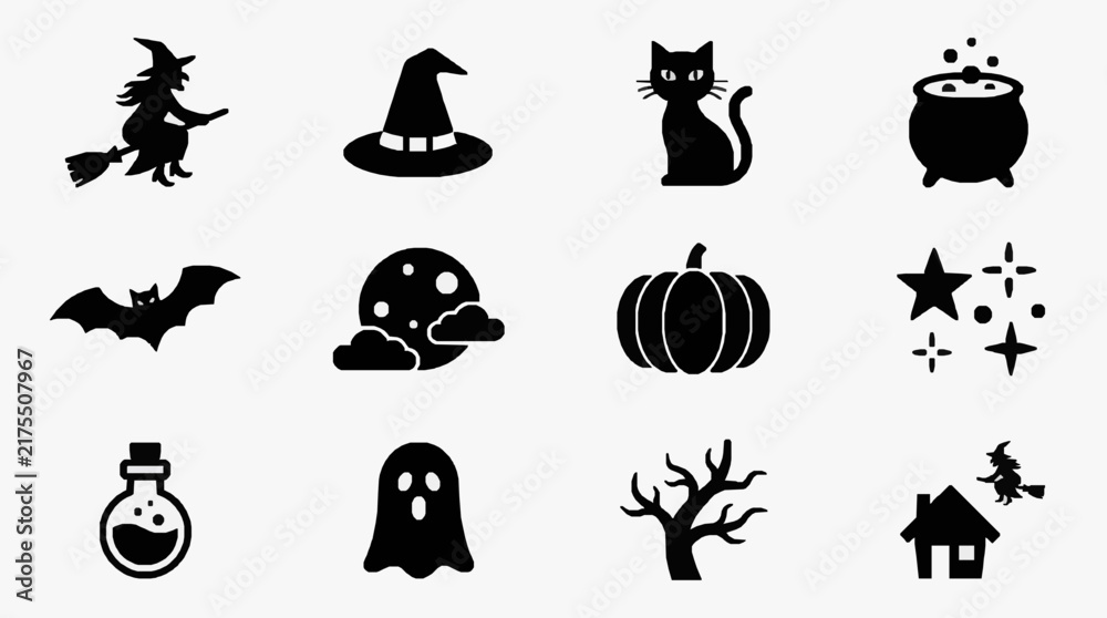 Fototapeta premium Professional Black and White Halloween Themed Icons Set Witch Cat Pumpkin Cauldron Ghost and More Illustrations