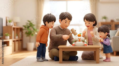 Plakat 新年のリビングで家族みんなで鏡開きをする4人家族の3Dイラスト 