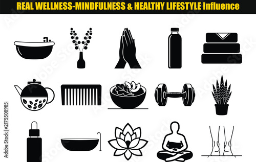 A collection of black flat icons represents wellness concepts like food meditation and physical fitness mindfulness healthy lifestyle icon