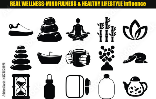 A collection of black silhouettes depicts elements associated with wellness mindfulness and a healthy lifestyle silhouette graphic zen relaxation