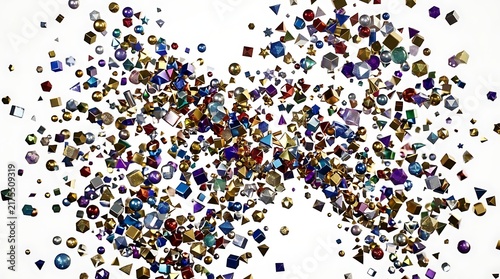 A collection of colorful metallic geometric shapes floating randomly against a clean white background surface with background with background