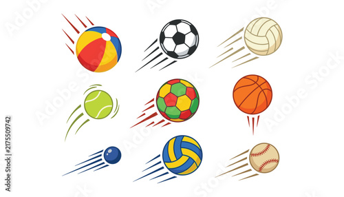 Photography Collection of flying sports balls in motion vector illustration including soccer