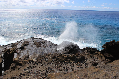 Foto This dynamic coastal scene captures the powerful surge of the Halona Blowhole on Oahu's southeastern shoreline