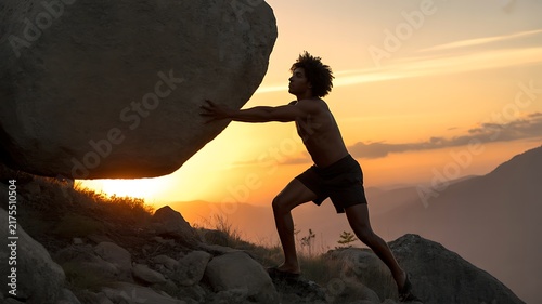 A Man Pushing a Large Boulder Up a Mountain Slope at Sunset Representing Perseverance and Determination