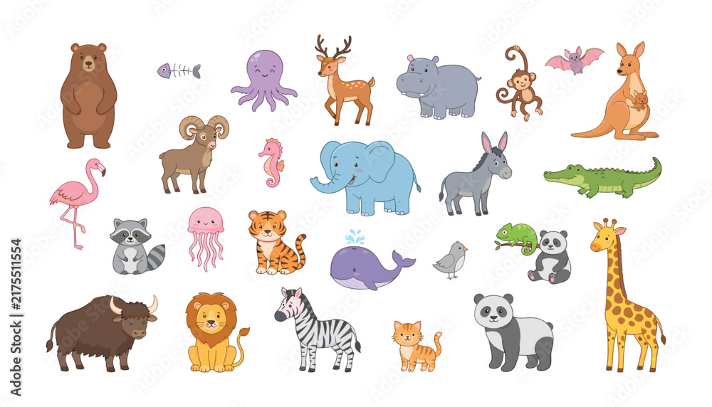Obraz premium Cute cartoon animal vector characters set with safari jungle forest marine and farm animals isolated on white background