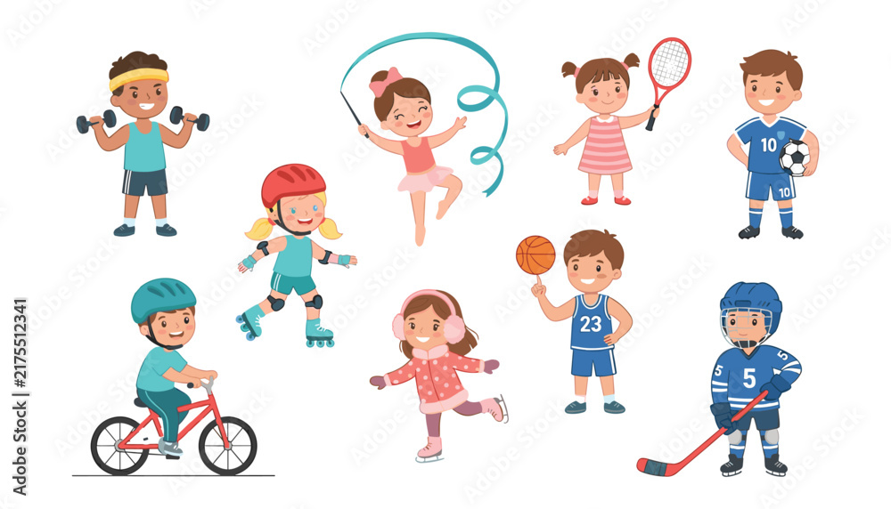 Fototapeta premium Cute cartoon kids sports characters vector collection with basketball soccer hockey skating cycling gymnastics isolated on white background