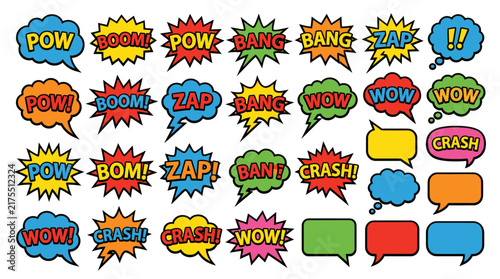 Comic book speech bubbles and sound effect icons